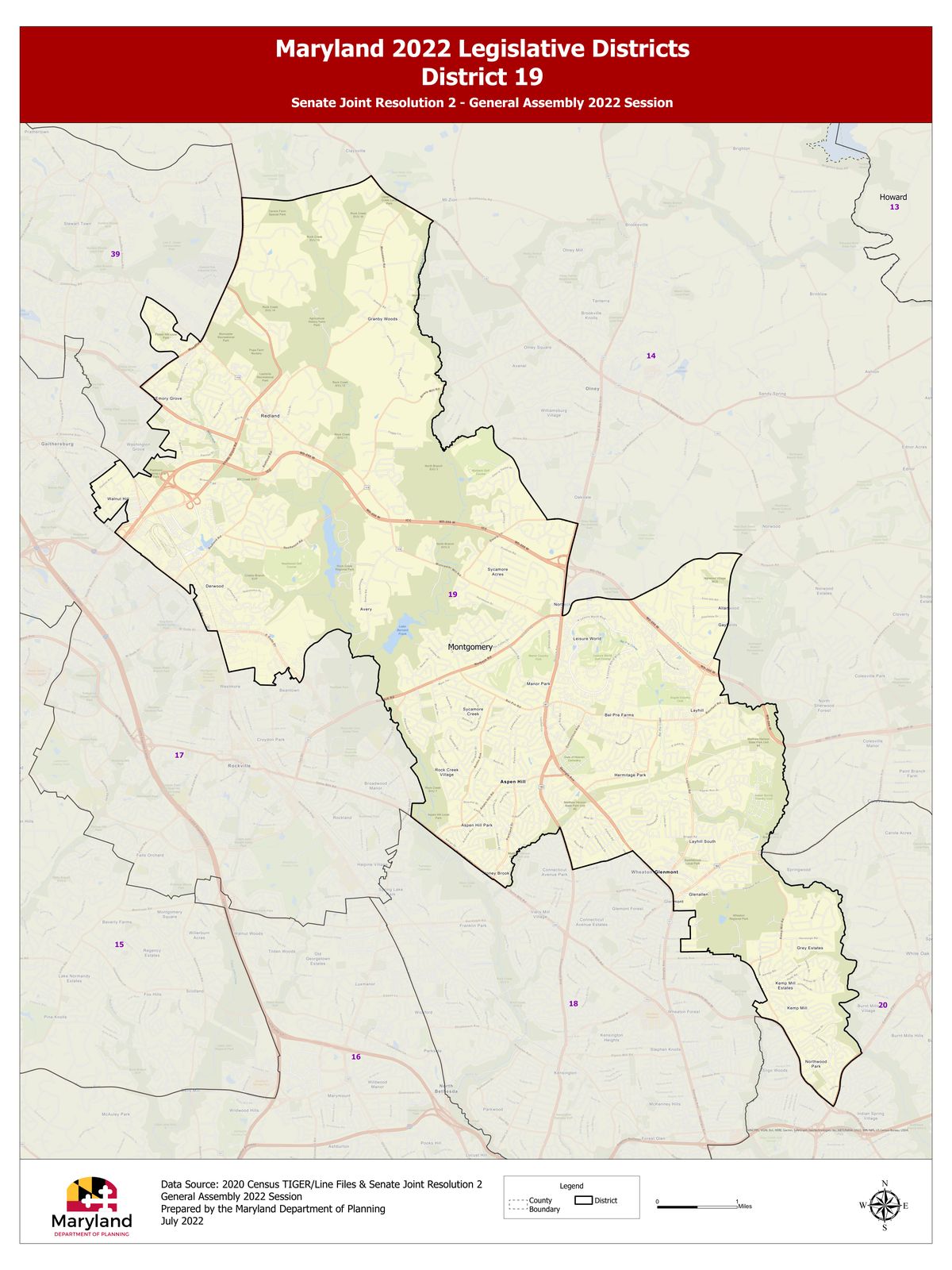 Map of Maryland Legislative District 19 in Montgomery County